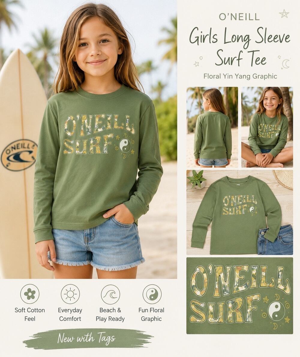 O’Neill Wavy Graphic Long Sleeve T Shirt Girls Medium 7-8 Green NWT Cotton